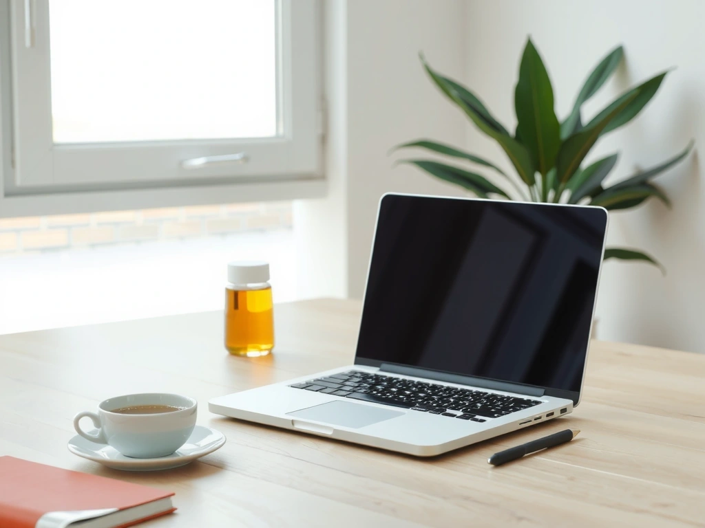 Einfaches Büro-Setup mit Laptop und Pflanze